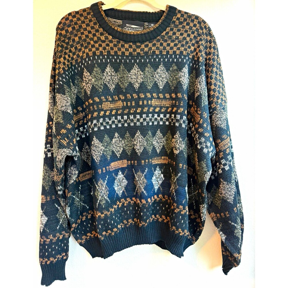 Expressions Men’s 2XL Black/Brown Acrylic Knit Geometric Crewneck Pullover